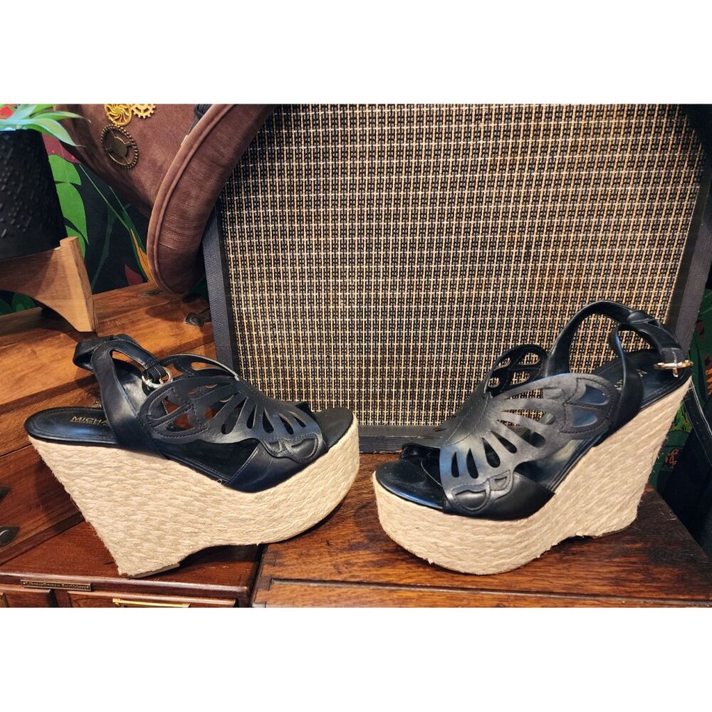 Michael Kors Black Leather Cutout Wedge Sandals 9M With Raffia Platform Size 9